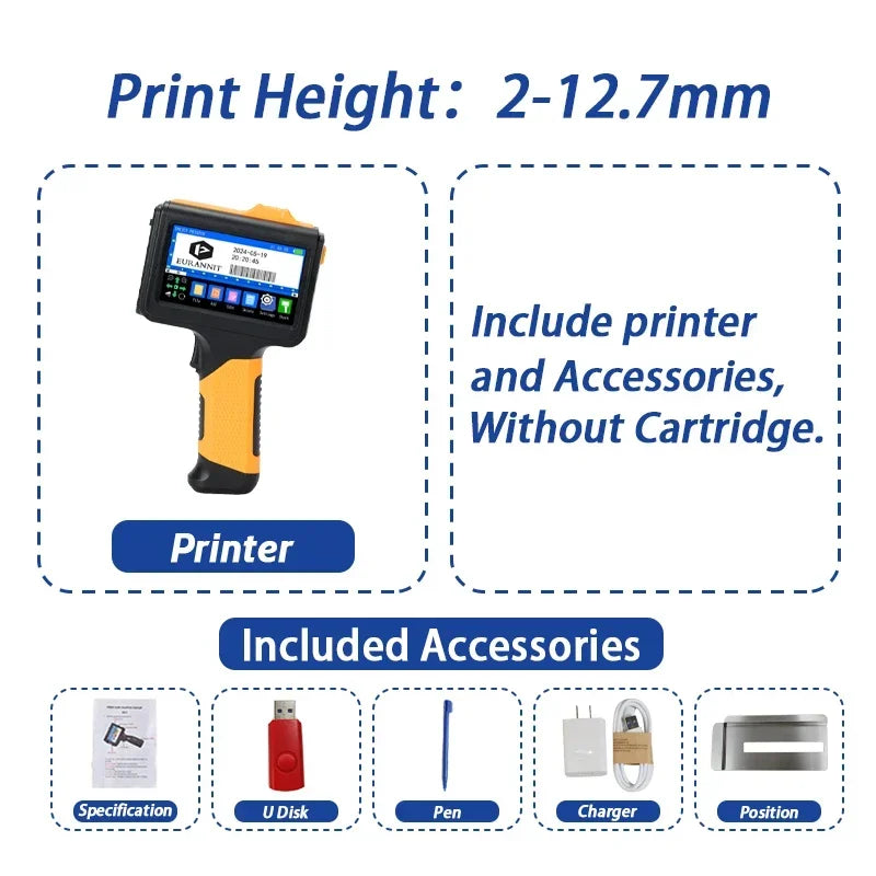 EURANNIT E19 12.7mm Portable Printer Handheld Thermal Inkjet Printer Portable Expire Date Counter QR Barcode Logo Coding Machine