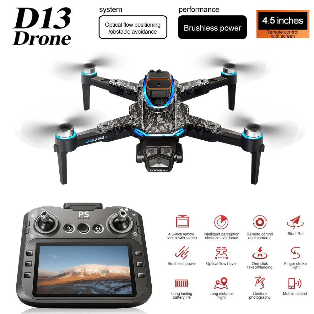 New D13 Drone 4K Professional Three HD Camera with Large Screen 5G WIFI FPV Dron Brushless Optical Flow Hover Folding Quadcopter
