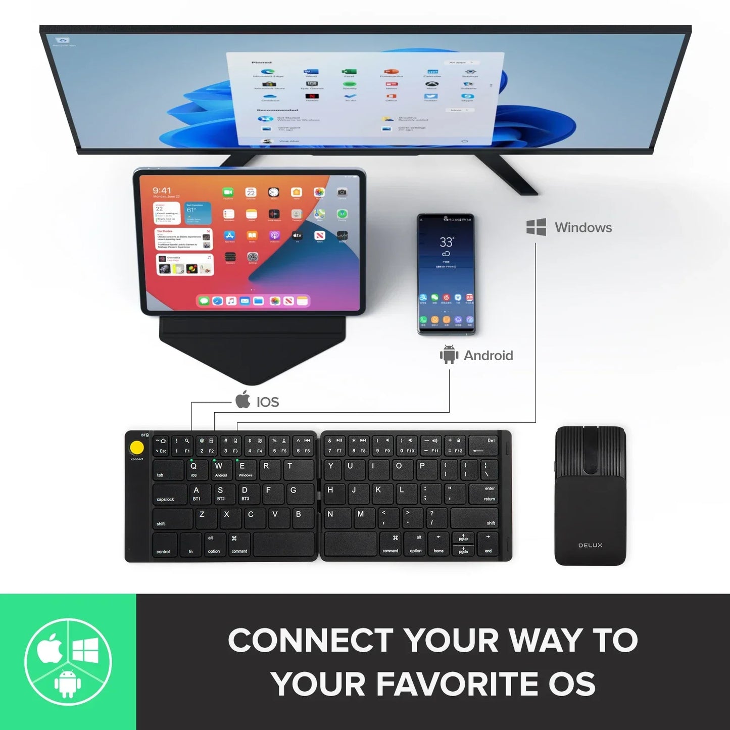 Delux Folding Keyboard Mouse Set Wireless Ultra Slim Portable Silent Kit Multi-Device Support For Windows Android IOS System