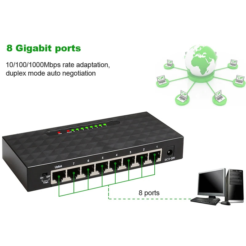 10/100/1000Mbps Gigabit Network Switch 8 Ports Ethernet Smart Switcher High Performance RJ45 Internet Splitter for WiFi Router