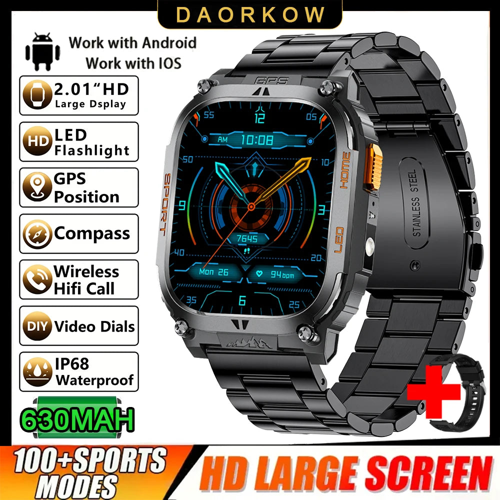 New GPS Tracking Smart Watch LED Flashlight 2.01inch HD Screen Compass BT Call Waterproof Sport Smartwatch For Android iOS