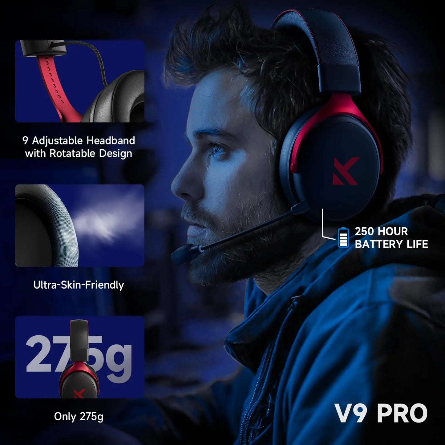 MCHOSE V9 Pro Wireless Gaming Headset Surround Sound Headphones Noise Canceling Mic Low Latency Lightweight for PS5 PC SWITCH
