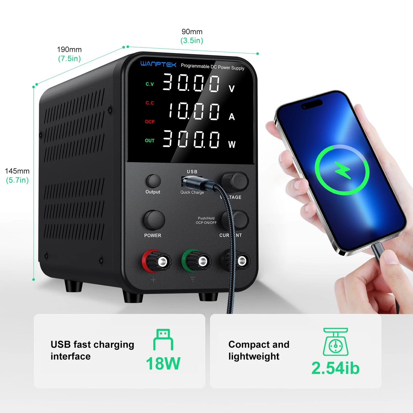 Wanptek DC Power Supply 30V 10A 60V 5A 120V 3A Adjustable Laboratory Power Supply with USB fast Charging Bench Power Supplies