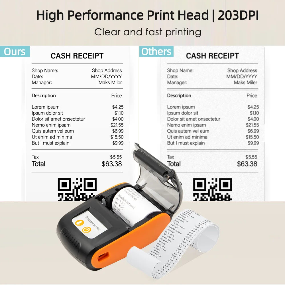 Portable Receipt Printer 58mm Mini Thermal Printing Wireless BT USB Mobile Printer 203dpi with 2 Inch Thermal Paper Roll