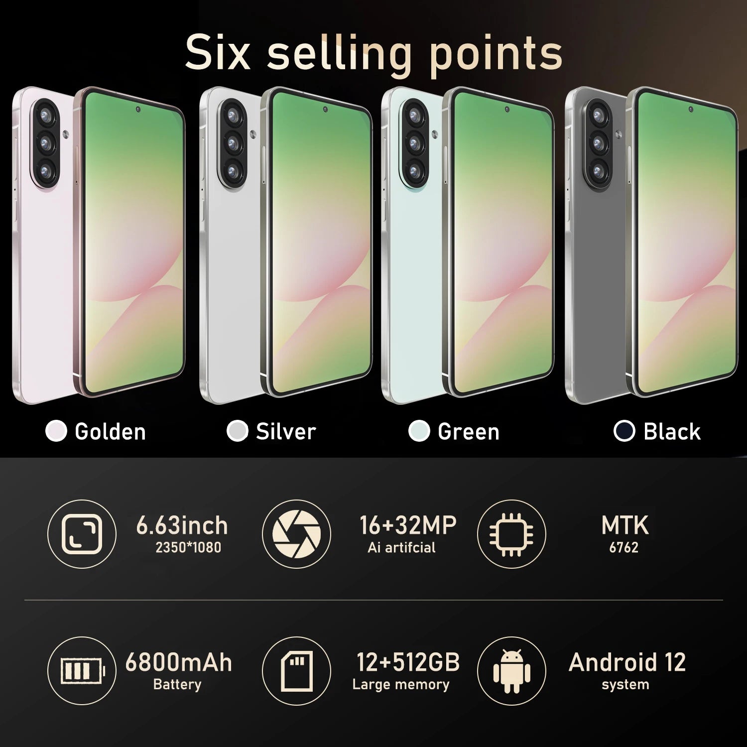 Global Version A56 Smartphone Android,6.8 inch,12GB RAM,512GB ROM,Dual SIM,Mobile phone,Google Play Store,16+32MP,6800mAh