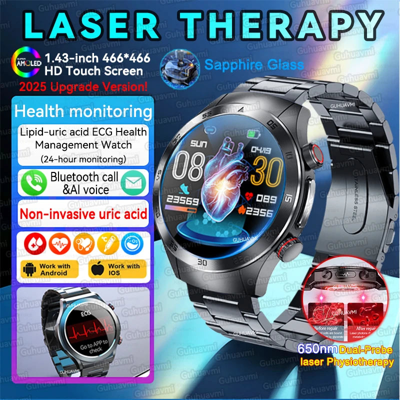 For Xiaomi Precise Laser Therapy Bracelet Uric Acid Blood Lipid ECG+PPG Health  Smart Watch Bluetooth Call Smartwatches 2025 New