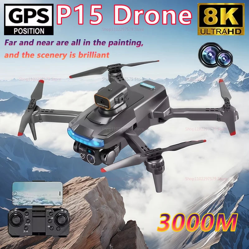 New P15 Drone GPS 8K HD Camera Professional Optical Flow Localization Obstacle Avoidance Foldable Dron Toys For Kids Adults Gift