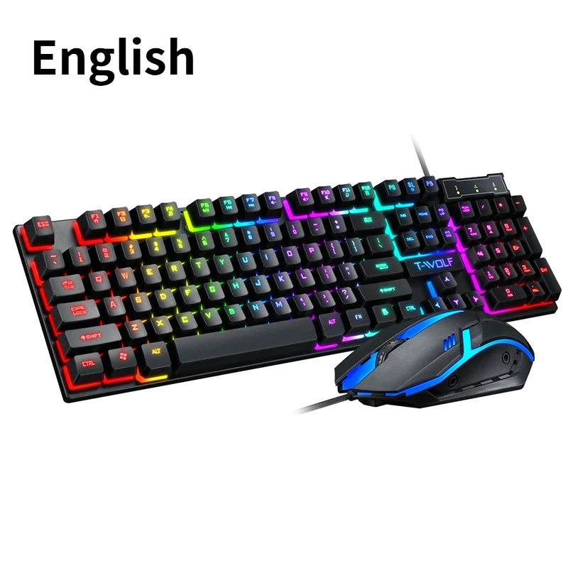 T20 Wired Keyboard Mouse Set 104 Keys RGB Blacklight Multi-function Shortcut USB Wired Gaming Keyboard English Russian Spanish