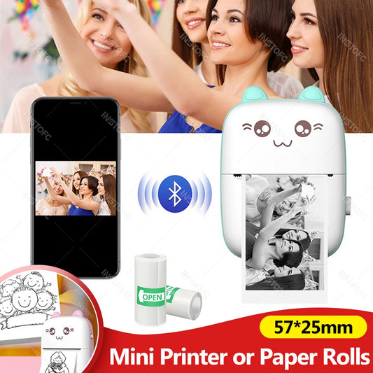 58mm Photo Label Portable Mini Thermal Printer Sticker Memo Tag Printing Cute Bluetooth Printer for IOS Android or 57mm Paper