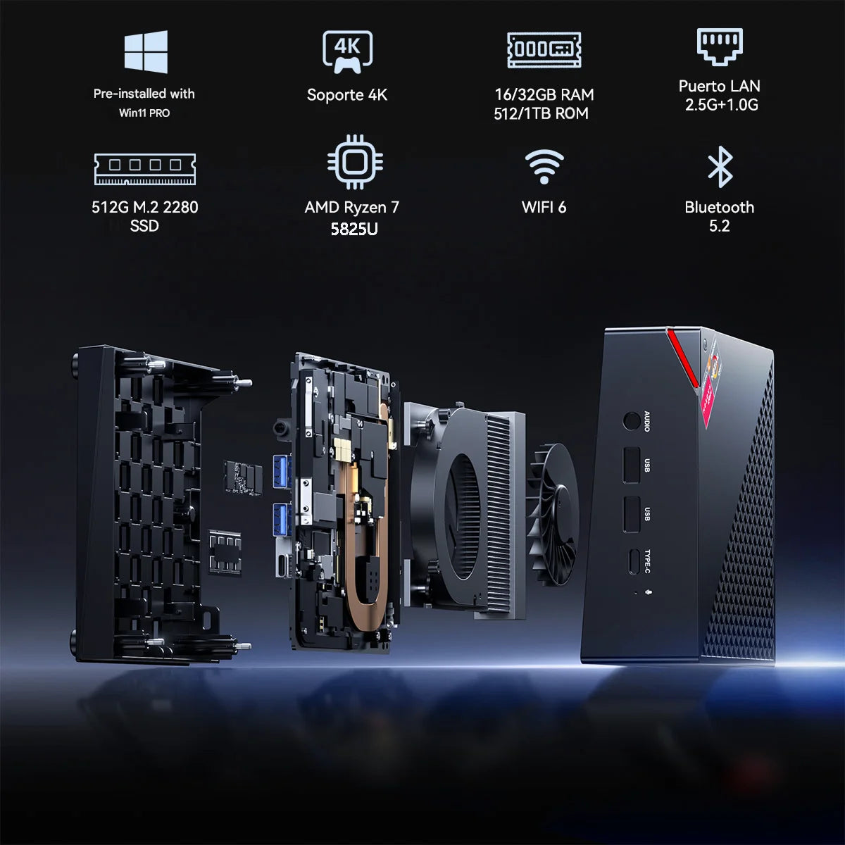 ACEMAGIC AM06Pro Mini PC Ryzen 7 5825U 16GB RAM 512GB SSD Turbo Boost up to 4.5GHz M.2 2230 WiFi 6+BT5.2 Supports 3-screen displ