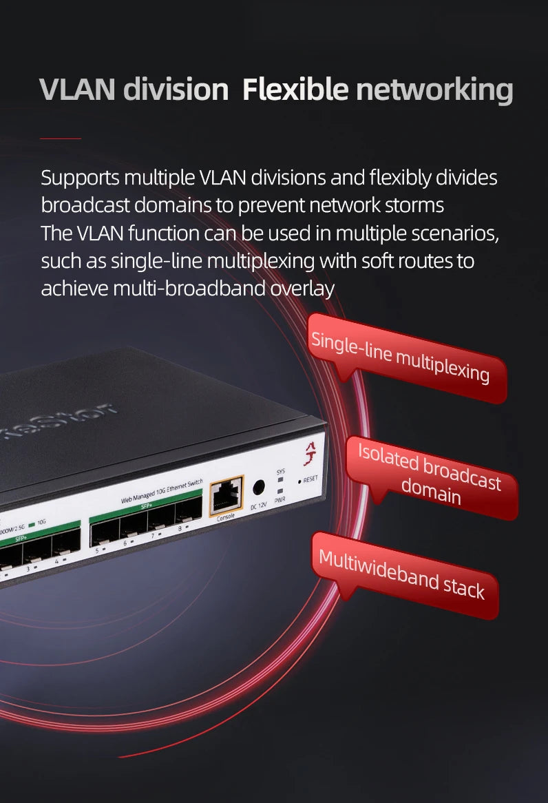 XikeStor 8 Ports 10G SFP+ L3 Managed Support DHCP/VLAN/Port Aggregation/Link Aggregation WEB/CLI Fan Heat Dissipation One-click