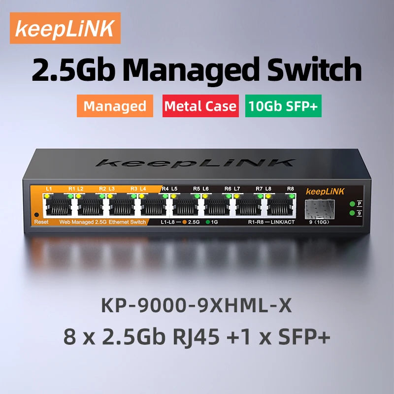 KeepLiNK 9-Port Multi-Gigabit Managed Ethernet Switch with 8-2.5Gb Ports and 1-10Gb SFP+ Uplink