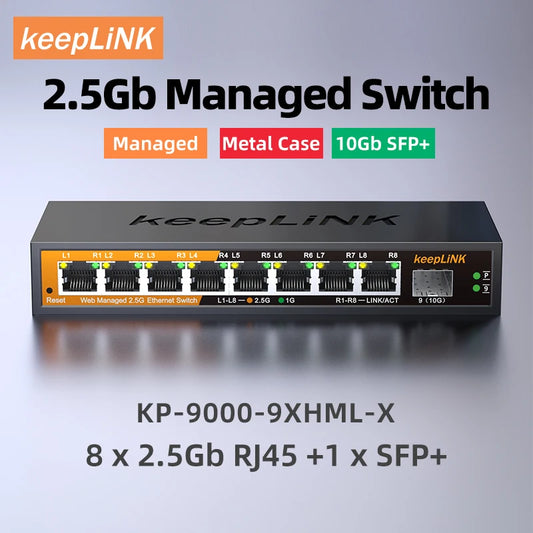 KeepLiNK 9-Port Multi-Gigabit Managed Ethernet Switch with 8-2.5Gb Ports and 1-10Gb SFP+ Uplink