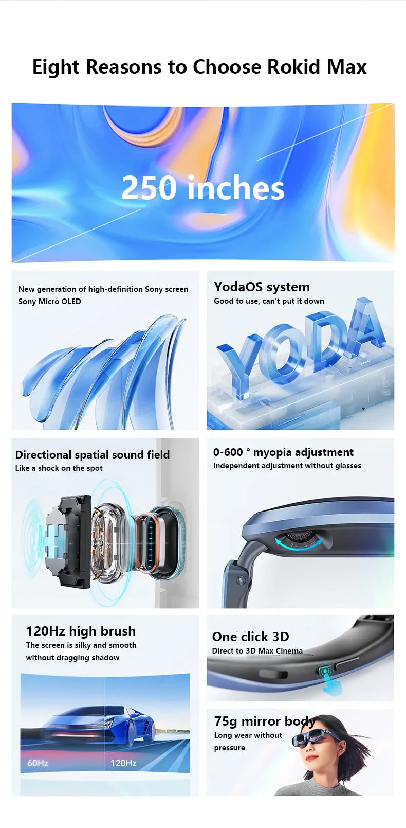 Rokid Max AR Smart Glasses Micro OLED 3D 215”Max Giant Screen Theater Viewing For Phones/Switch/PS5/Xbox/PC