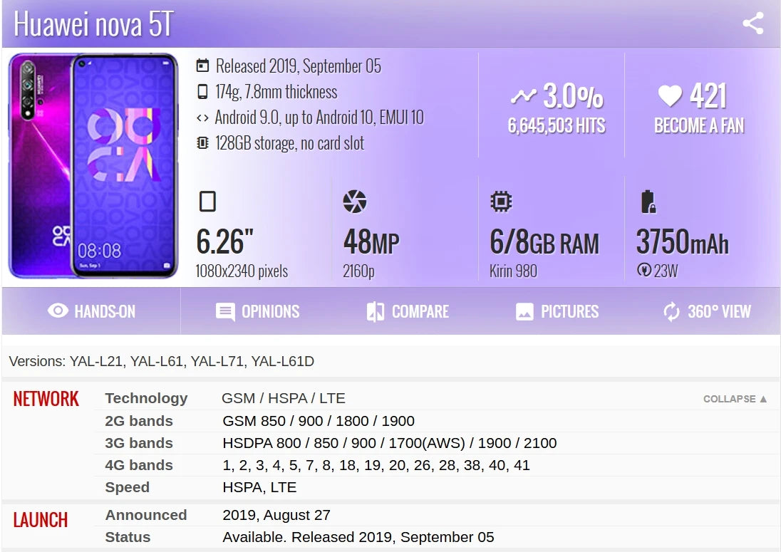 Global Version,HUAWEI-Nova 5T,Smartphone Android,6.26 inch,256GB ROM,Google Play Store,Mobile phones,48MP,4G Network,Cellphones