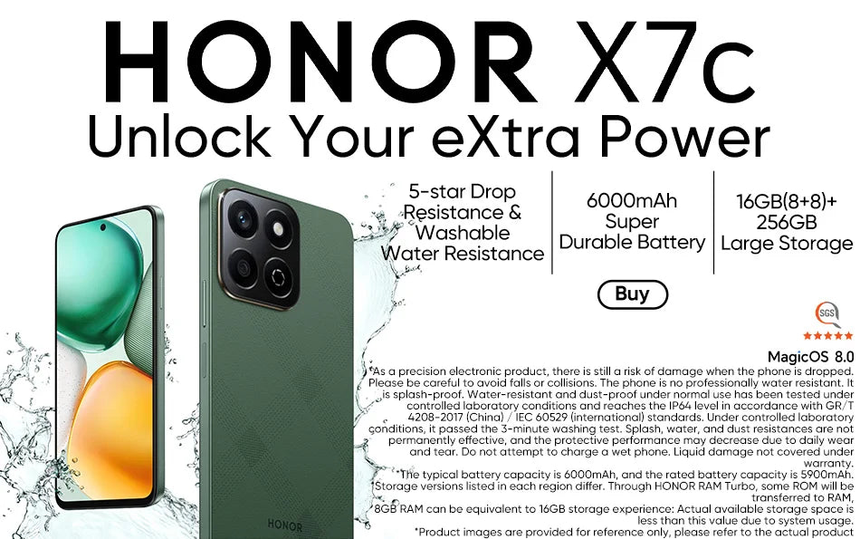 2024 New HONOR X7c 4G Global Version Snapdragon 685 6.77" 120Hz IPS LCD Display 108MP Dual Camera 6000mAh Long Battery IP64