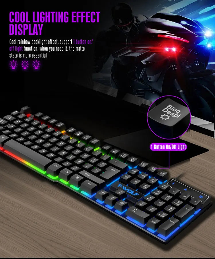 T20 Wired Keyboard Mouse Set 104 Keys RGB Blacklight Multi-function Shortcut USB Wired Gaming Keyboard English Russian Spanish