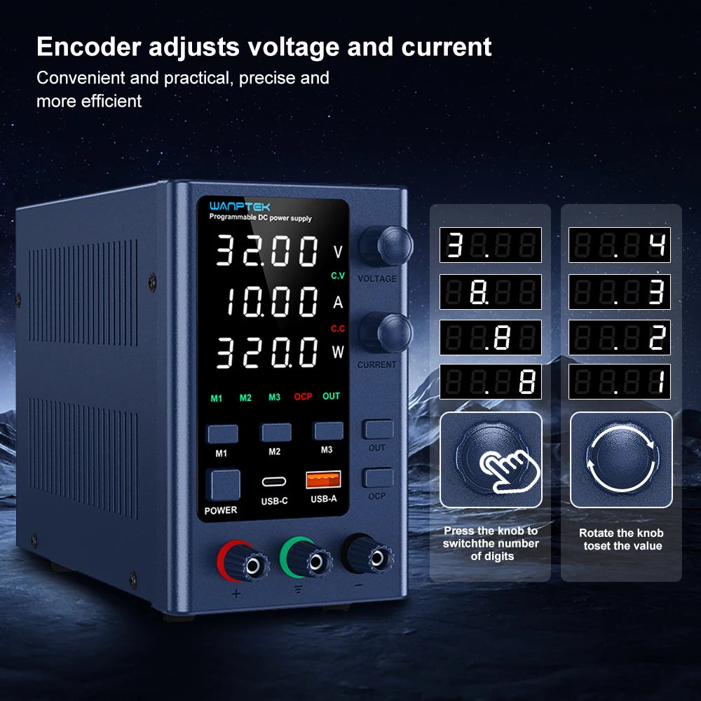 Wanptek DC Power Supply 30V 10A 60V 5A 120V 3A Adjustable Laboratory Power Supply with USB fast Charging Bench Power Supplies