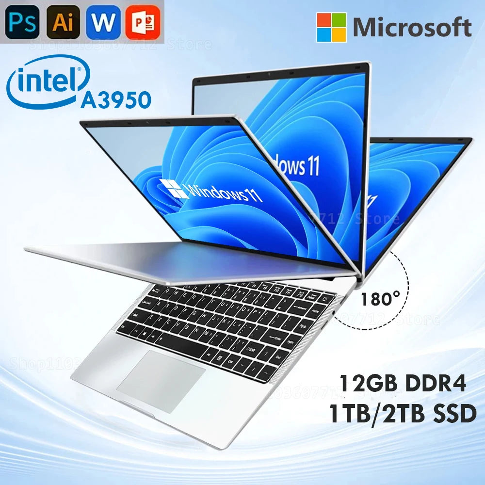 Xiaman Laptop Computer Windows 11 Pro Intel Atom A3950 Quad-Core 2025 Notebook PC 12GB RAM 1TB 2TB SSD 1920*1080 Office Computer