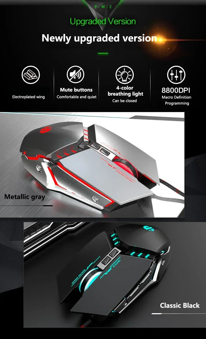 W2 USB Wired Gaming Mouse with Glowing Gamer Mechanical Metal Style Mice Suitable for PC Desktop Laptops Tablet Game Office