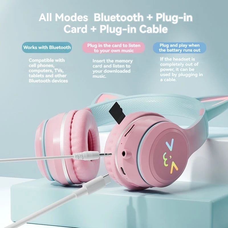 wireless Headphones RGB cute cat ear Bluetooth Earphones with microphone Stereo Music Game Earphone Girls Kids Gifts For XiaoMi