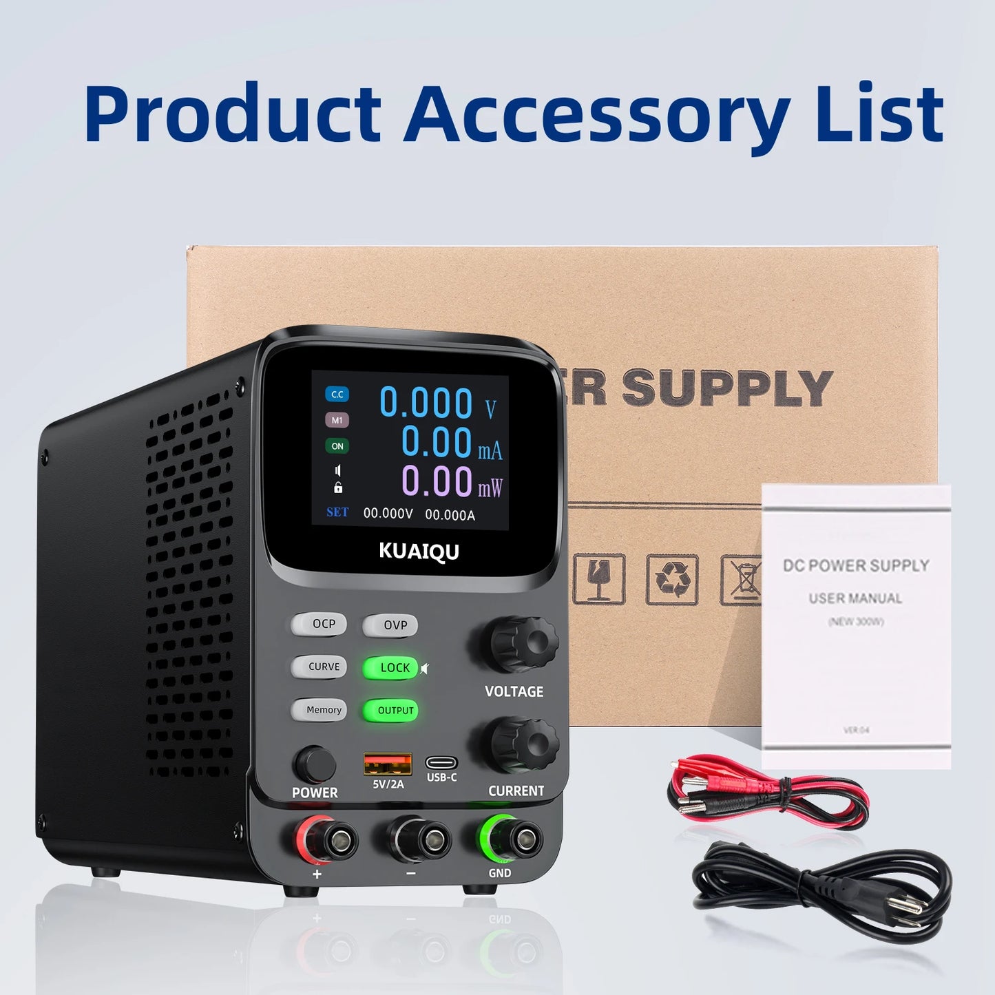 KUAIQU 5 Digits Programmable Adjustable Power Supply 30V 10A,Battery Simulation Tester,Real time Curve Display Voltage Current