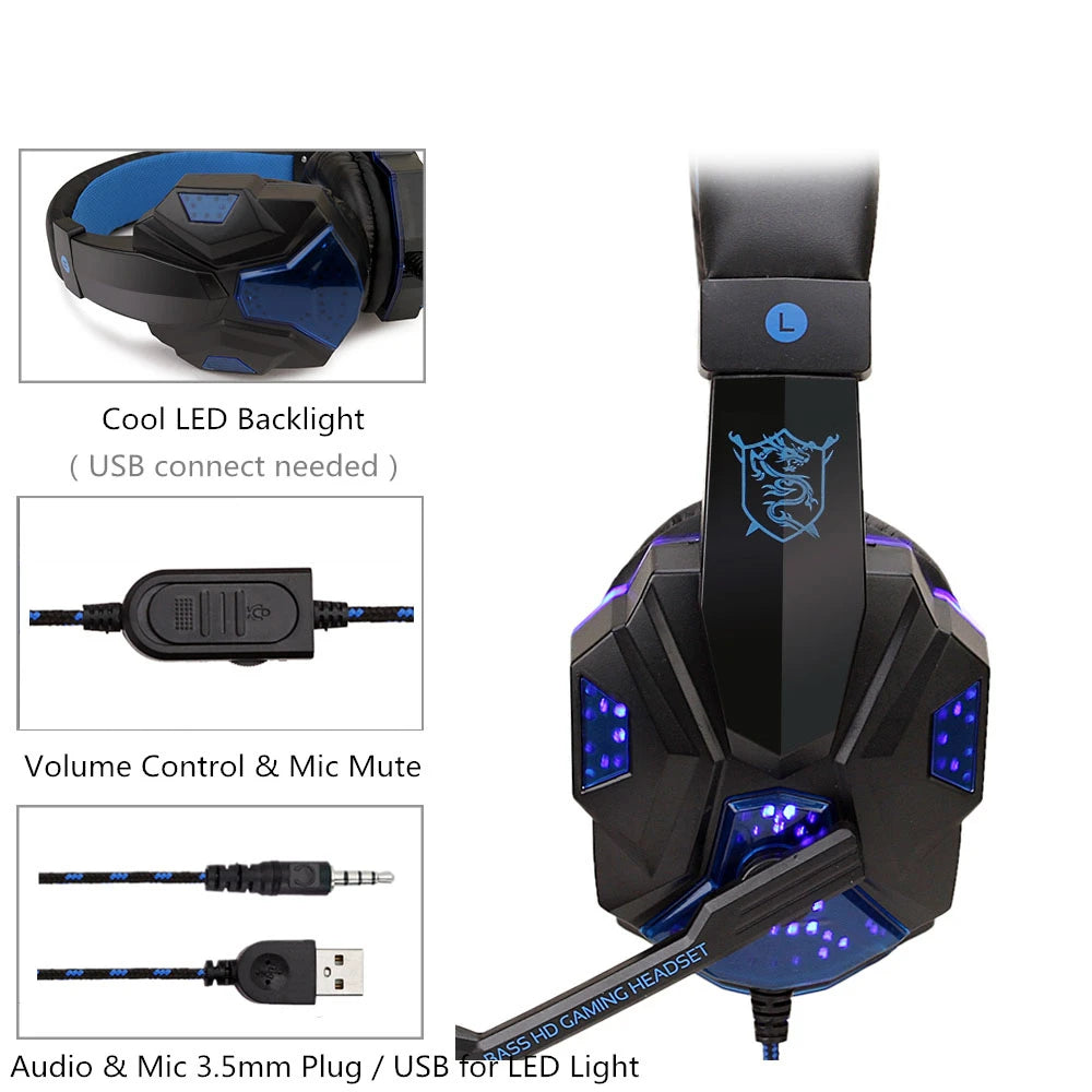 New Gaming Headphones Headset With LED Light Deep Bass Stereo Wired Gamer Earphone Mic for PS4 Xbox PC Laptop Phone One Switch
