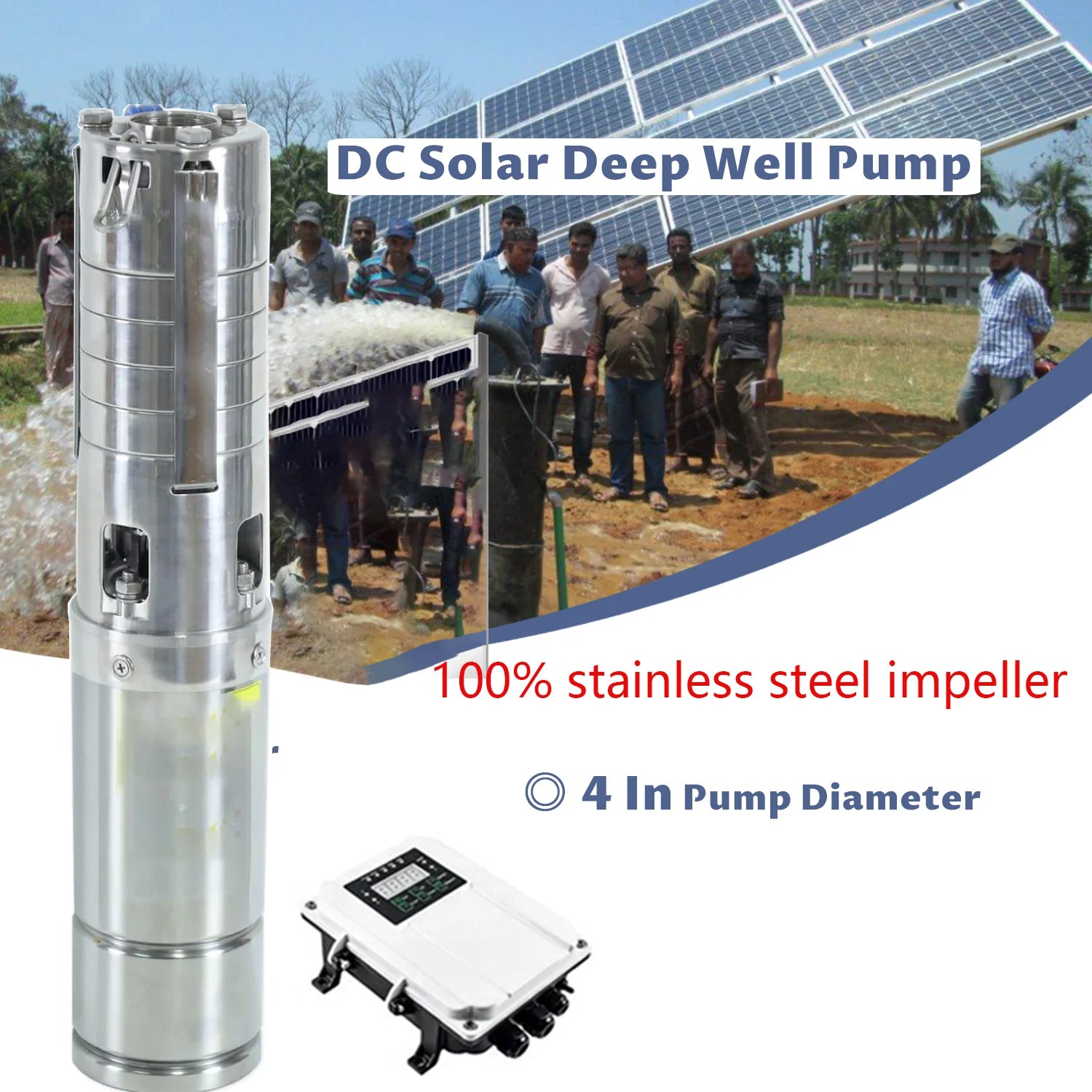 600W DC48V Solar Deep Well Pump with MPPT Controller 100% Stainless Steel Impeller Solar PV Submersible Pump 4"MaxFlow 7m³/H 40M