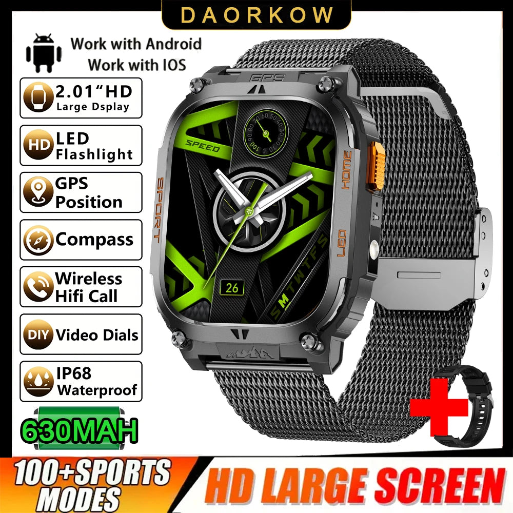 New GPS Tracking Smart Watch LED Flashlight 2.01inch HD Screen Compass BT Call Waterproof Sport Smartwatch For Android iOS