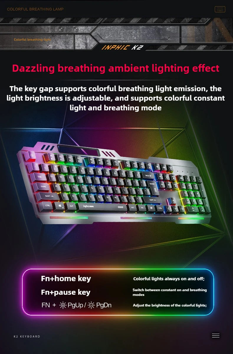 K2 Wired Keyboard Mouse Set Metal Panel RGB Backlight Waterproof Ergonomic Multimedia Buttons 104 Keys Keyboard for Game Office