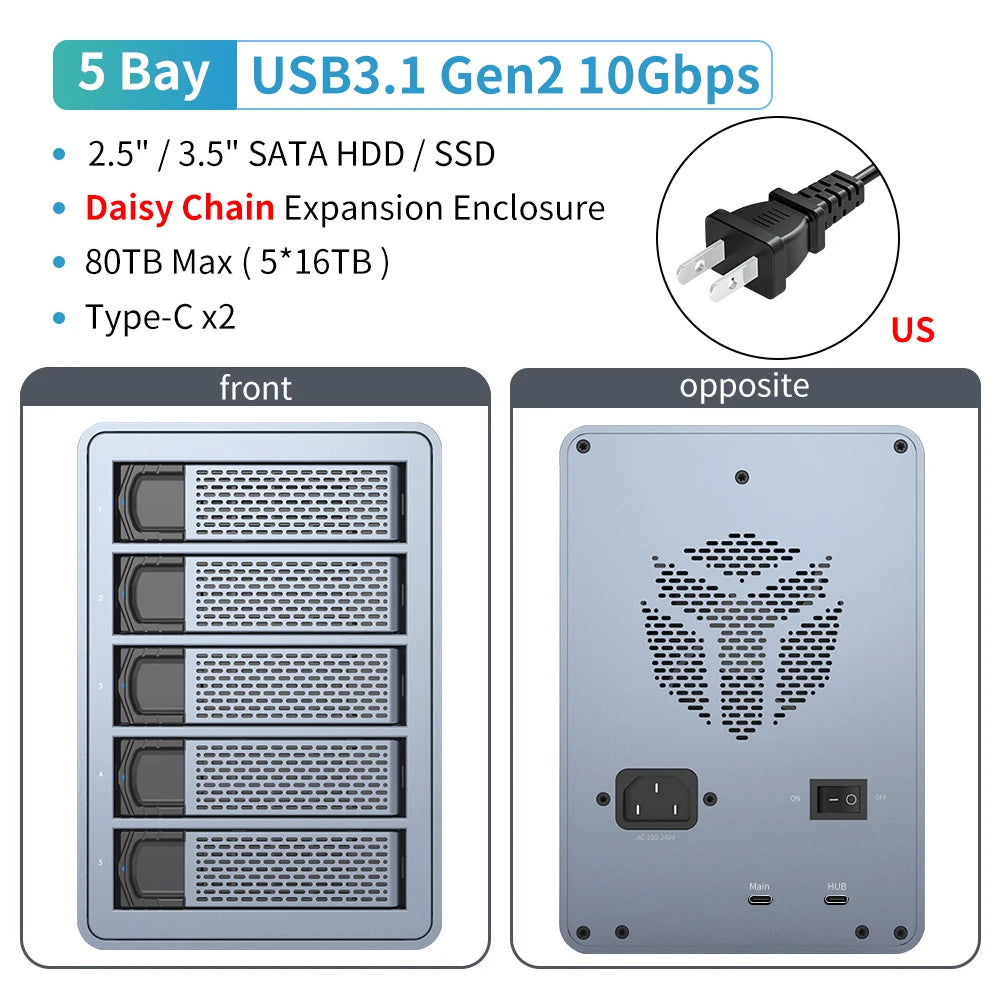 Yottamaster 10Gbps 2.5"3.5" inch SATA HDD SSD Enclosure 150W Hard Disk External Case USB3.1 Gen2 80TB Daisy Chain 270TB for NAS