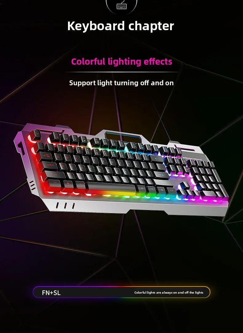 Gaming Wired Mechanical Keyboard Mouse Set Rainbow Glow Backlight 104 Keys Metal Panel Mechanical Keyboard for Laptop Desktop