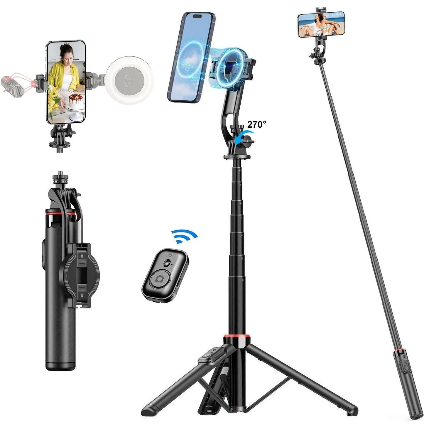 Magnetic Selfie Stick Tripod Stand for iPhone Samsung Huawei Cellphone 1.3m Extendable Magsafe Phone Tripod with Wireless Remote