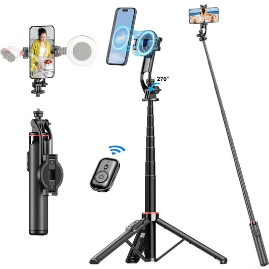 Magnetic Selfie Stick Tripod Stand for iPhone Samsung Huawei Cellphone 1.3m Extendable Magsafe Phone Tripod with Wireless Remote