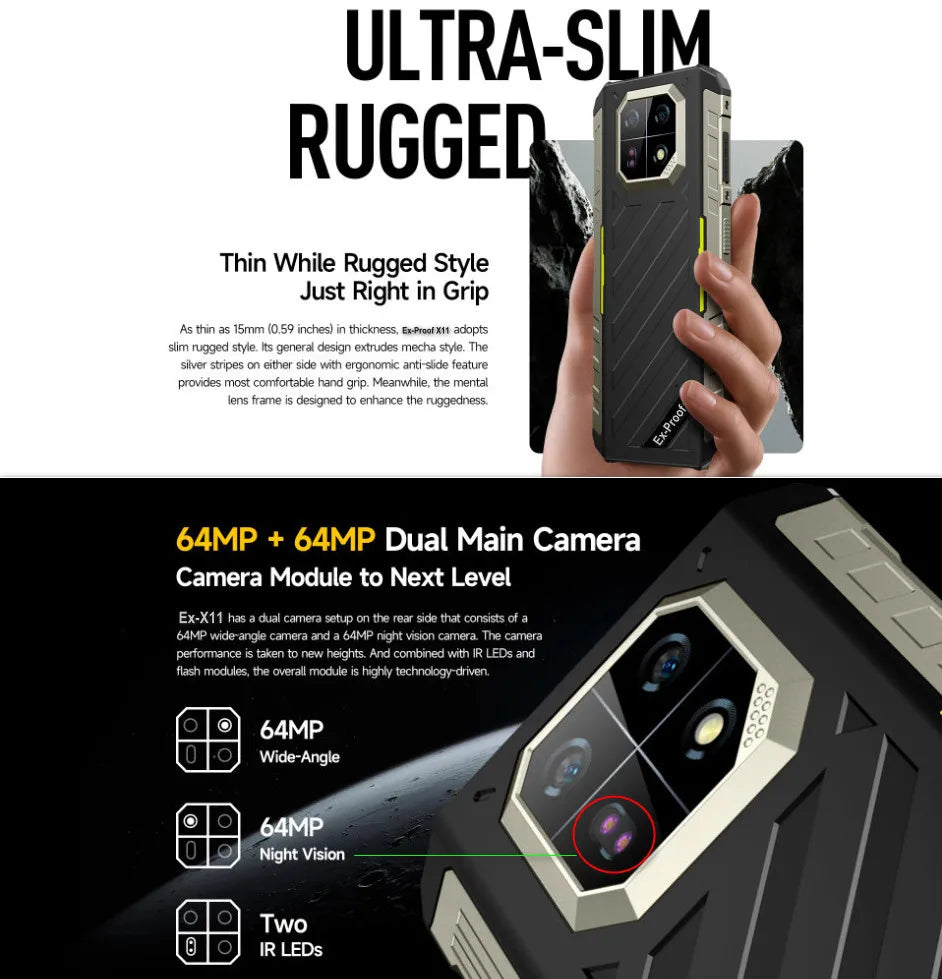 Explosion-proof Phone Rungee Night Camera Android 14, RAM 8GB+256GB ROM, 6.58" ,6600mAh Fingerprint,NFC,64MP