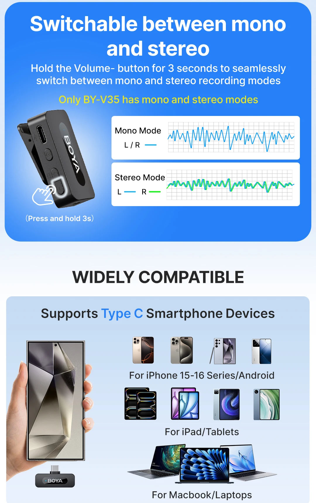 BOYA BY-V3 Wireless Lavalier Lapel Mirophone Noise-cancelling Rechargeable Mic for iPhone Android Camera Live Streaming Vlogging