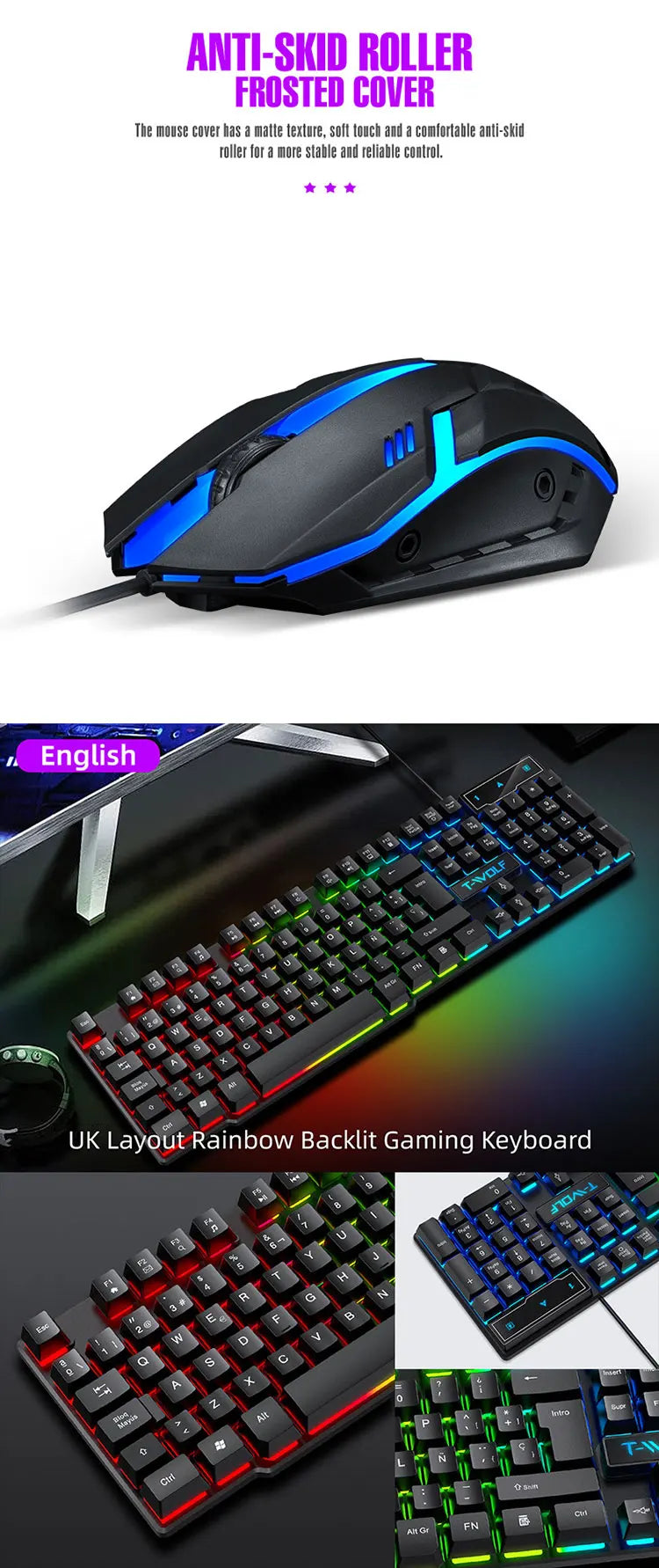 T20 Wired Keyboard Mouse Set 104 Keys RGB Blacklight Multi-function Shortcut USB Wired Gaming Keyboard English Russian Spanish