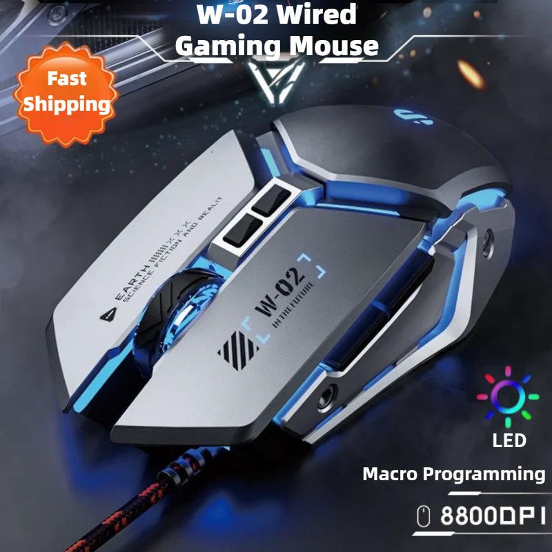 W2 USB Wired Gaming Mouse with Glowing Gamer Mechanical Metal Style Mice Suitable for PC Desktop Laptops Tablet Game Office