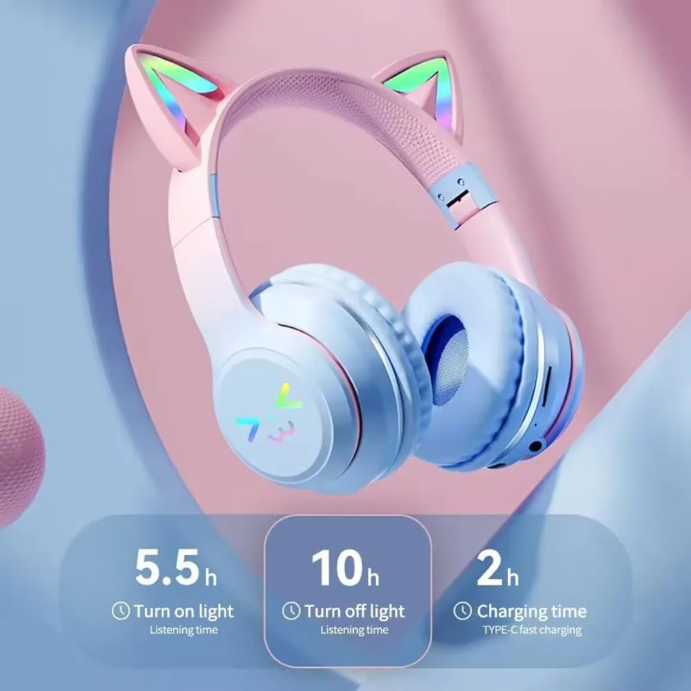 wireless Headphones RGB cute cat ear Bluetooth Earphones with microphone Stereo Music Game Earphone Girls Kids Gifts For XiaoMi