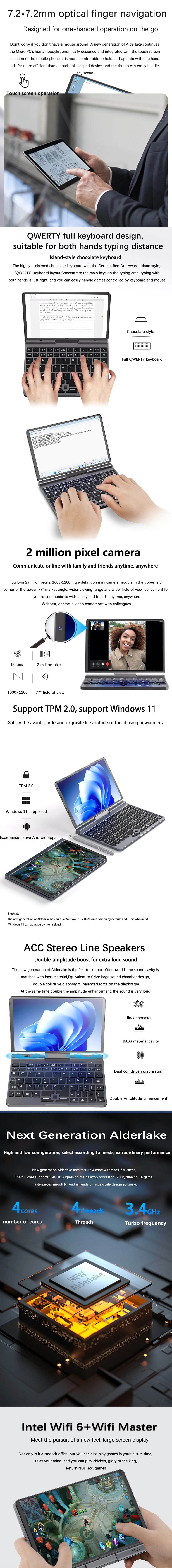 Touch Screen Laptop 8 Inch Mini Notebook Intel N150 Quad Core LPDDR5 12GB 1TB 4800MHz Windows11Pro AX WiFi6 BT5.2 RJ45 LAN