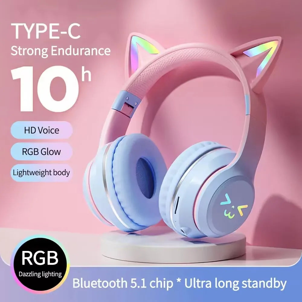 wireless Headphones RGB cute cat ear Bluetooth Earphones with microphone Stereo Music Game Earphone Girls Kids Gifts For XiaoMi