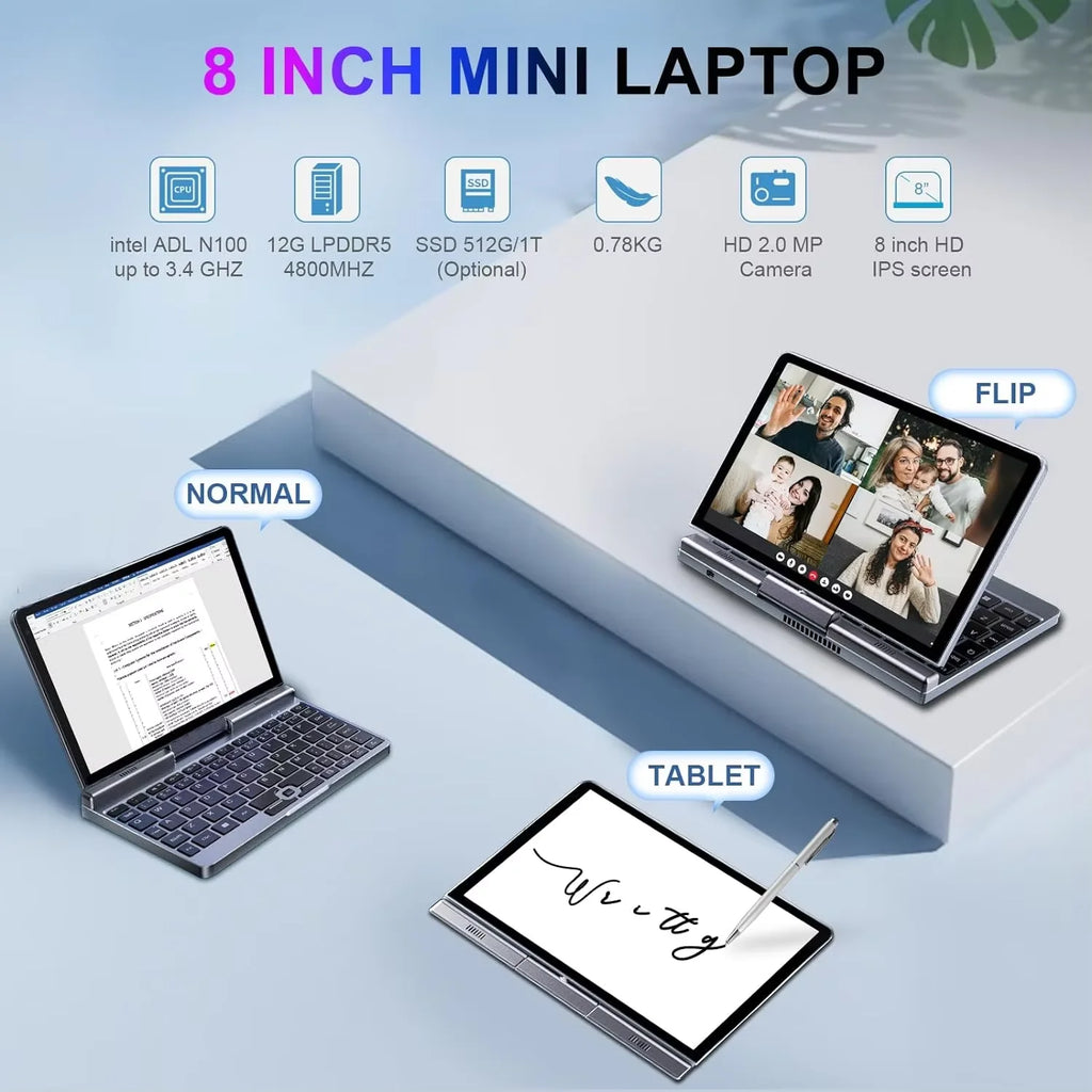 Portable Mini Laptop windows OS 8 Inch Touch Screen Notebook N150 12GB+1TB IPS Small Notebook Portable PC Micro Computer