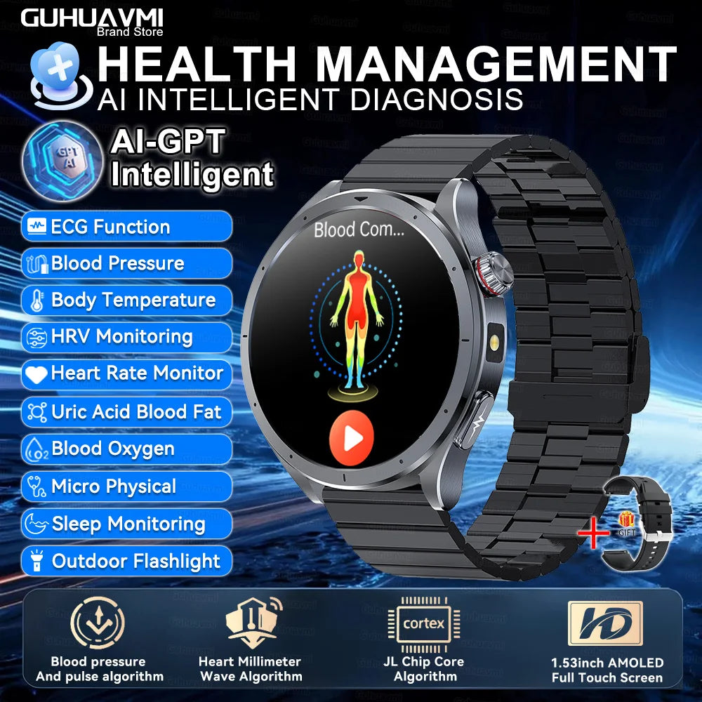 2025 New Body Fat Analysis Health Smart Watch ECG+PPG Uric Acid Blood Pressure Blood Oxygen Clock Call Smart Watch For Men Women