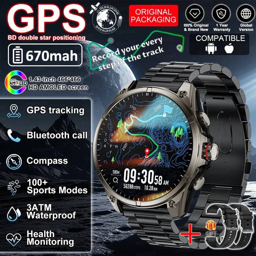New GUHAUVMI GPS 670mAh Large Battery Durable Adult Smart Watch GPS Compass Altimeter Waterproof BT Call Sports Smartwatch Men