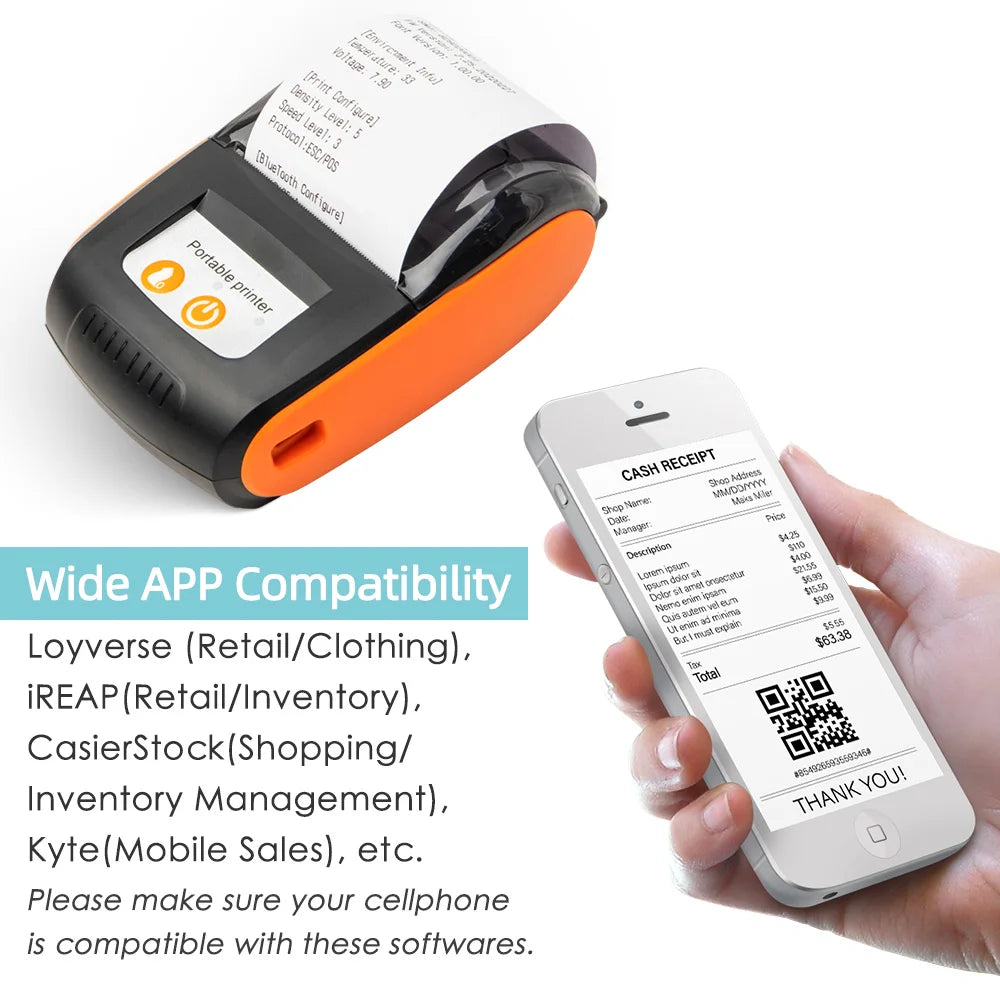 Portable Receipt Printer 58mm Mini Thermal Printing Wireless BT USB Mobile Printer 203dpi with 2 Inch Thermal Paper Roll