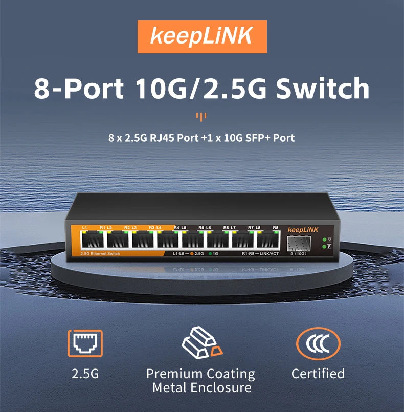 KeepLiNK 9-Port Multi-Gigabit Managed Ethernet Switch with 8-2.5Gb Ports and 1-10Gb SFP+ Uplink