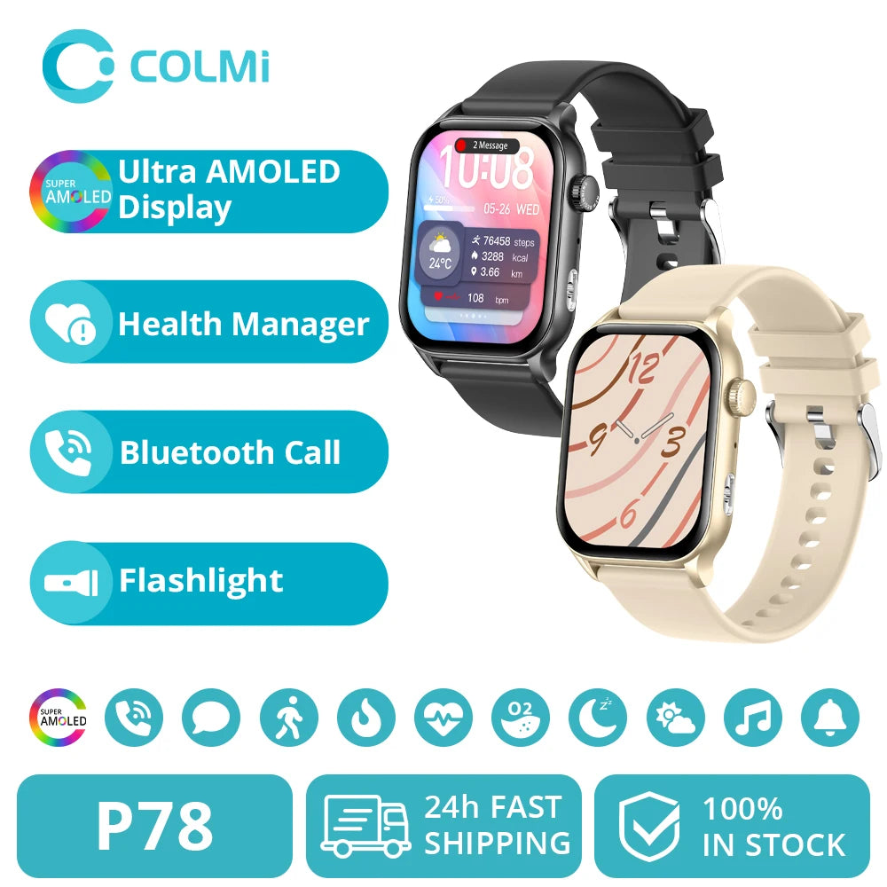 COLMI P78 AMOLED Smartwatch 1.95'' Display with Flashlight & Voice Calling 100+ Sports Mode Health Monitor Men Women Smart Watch