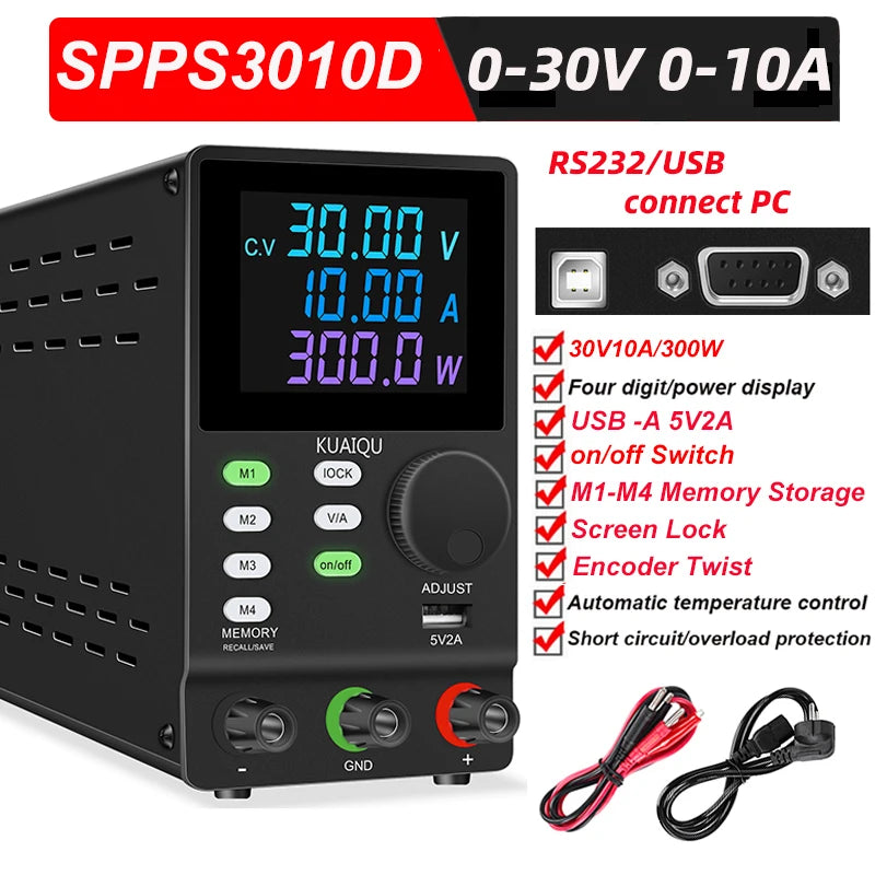 30V10A Programmable DC Power Supply Adjustable Bench Power Supply,M1-M4 Storage, Fast Output, Preset Voltage Current,60V 120V