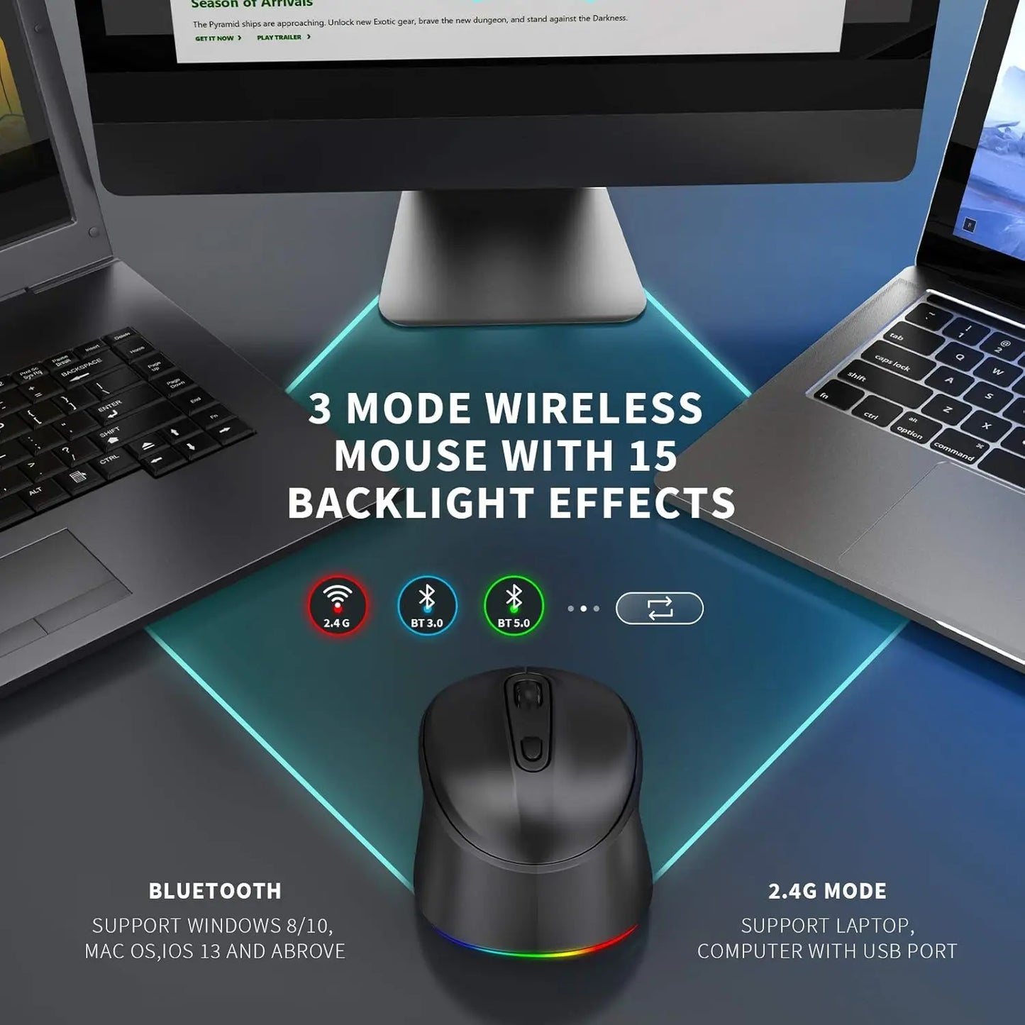 RGB Blacklit Bluetooth Wireless Keyboard and Mouse Combo for Mac OS iPad iPad Air iPad Pro Tablet Android Mobile Phone Laptop PC