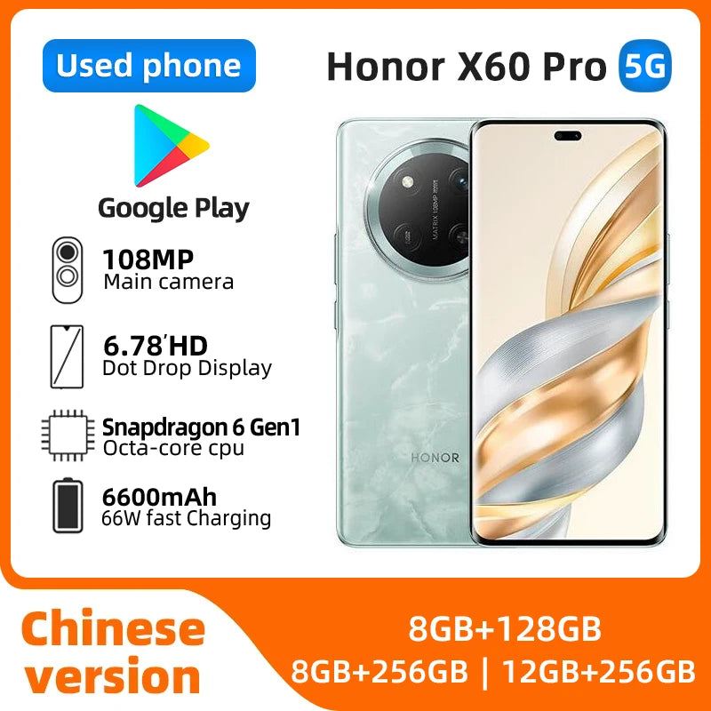 Honor X60 Pro 5g Battery capacity 6600mAh Android Snapdragon6 Gen1 6.78Inches 2700x1224px 108MP Camera Used Phone